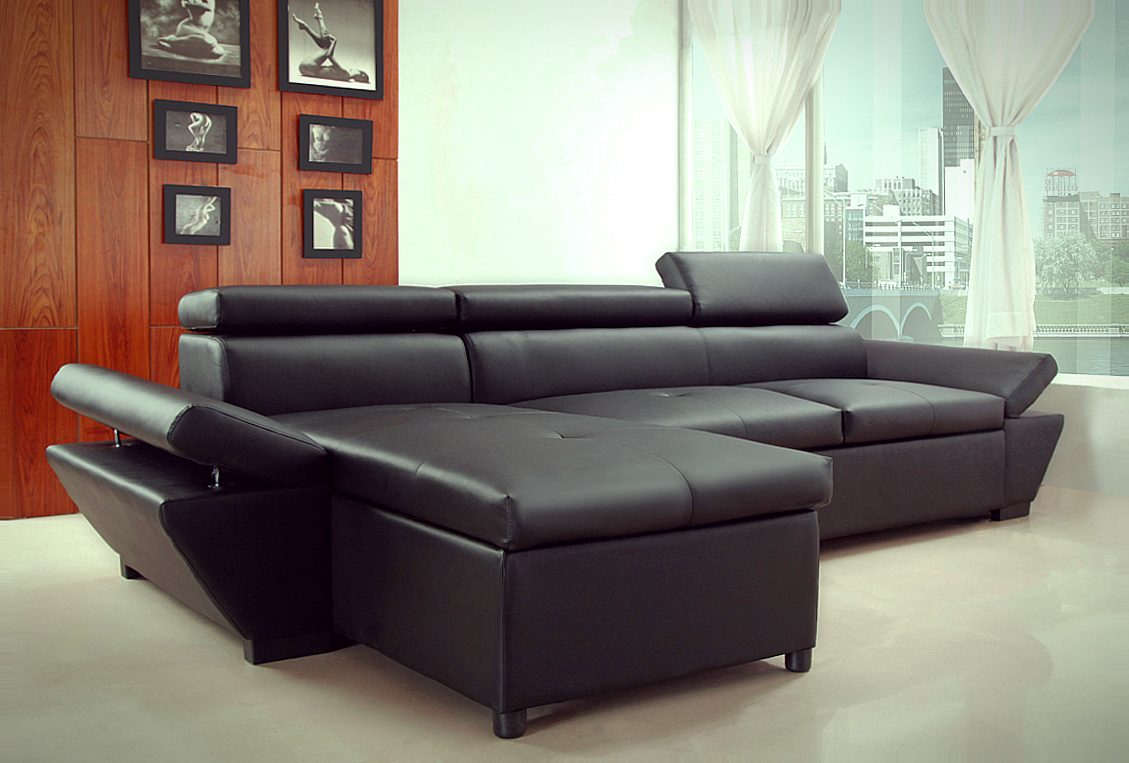 Sofá chaise longue moderno en cuero negro